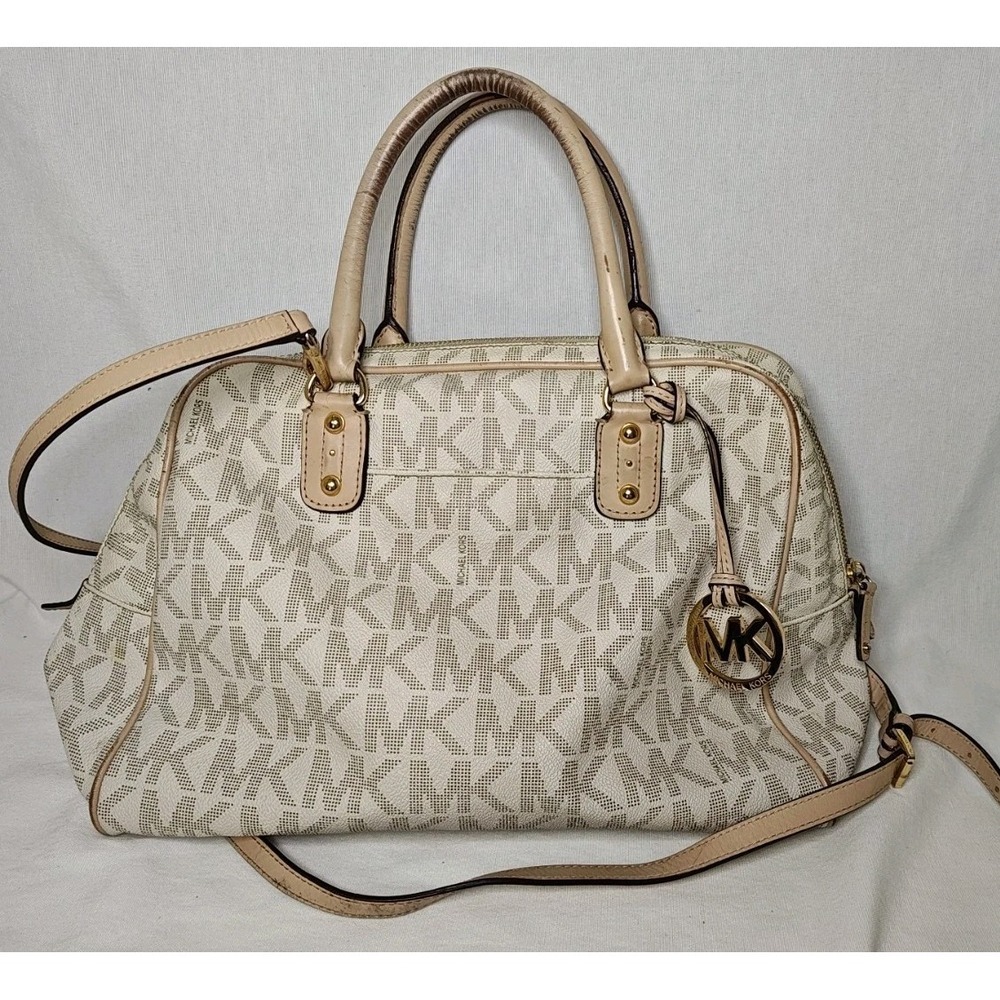 Michael Kors Vanilla Beige White Signature Coated Canvas Monogram Leather Bag
